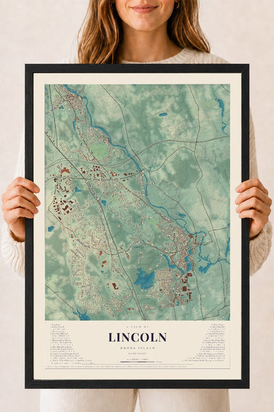 Lincoln, Rhode Island map print, 18" x 24" W/ Black Ayous Wood Frame mockup