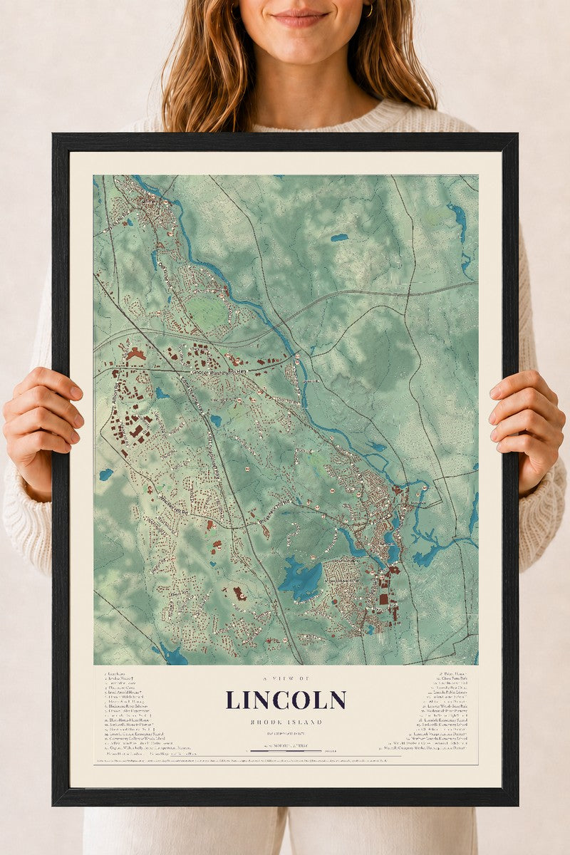 Lincoln, Rhode Island map print, 18" x 24" W/ Black Ayous Wood Frame mockup