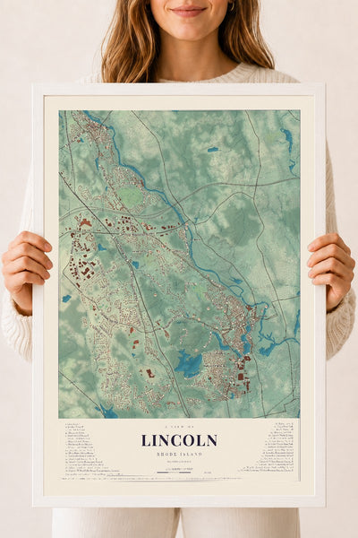 Lincoln, Rhode Island map print, 18" x 24" W/ White Ayous Wood Frame mockup