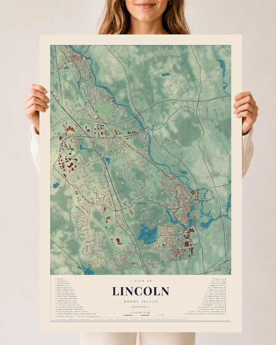 Lincoln, Rhode Island map print, 24" x 36" Archival Matte Print mockup