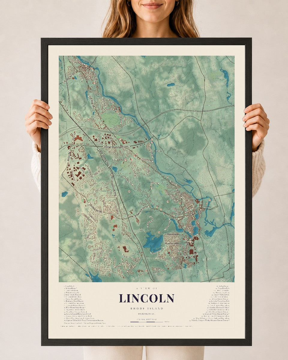 Lincoln, Rhode Island map print, 24" x 36" W/ Black Ayous Wood Frame mockup