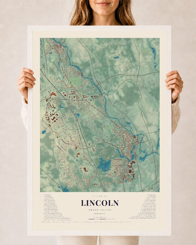 Lincoln, Rhode Island map print, 24" x 36" W/ White Ayous Wood Frame mockup