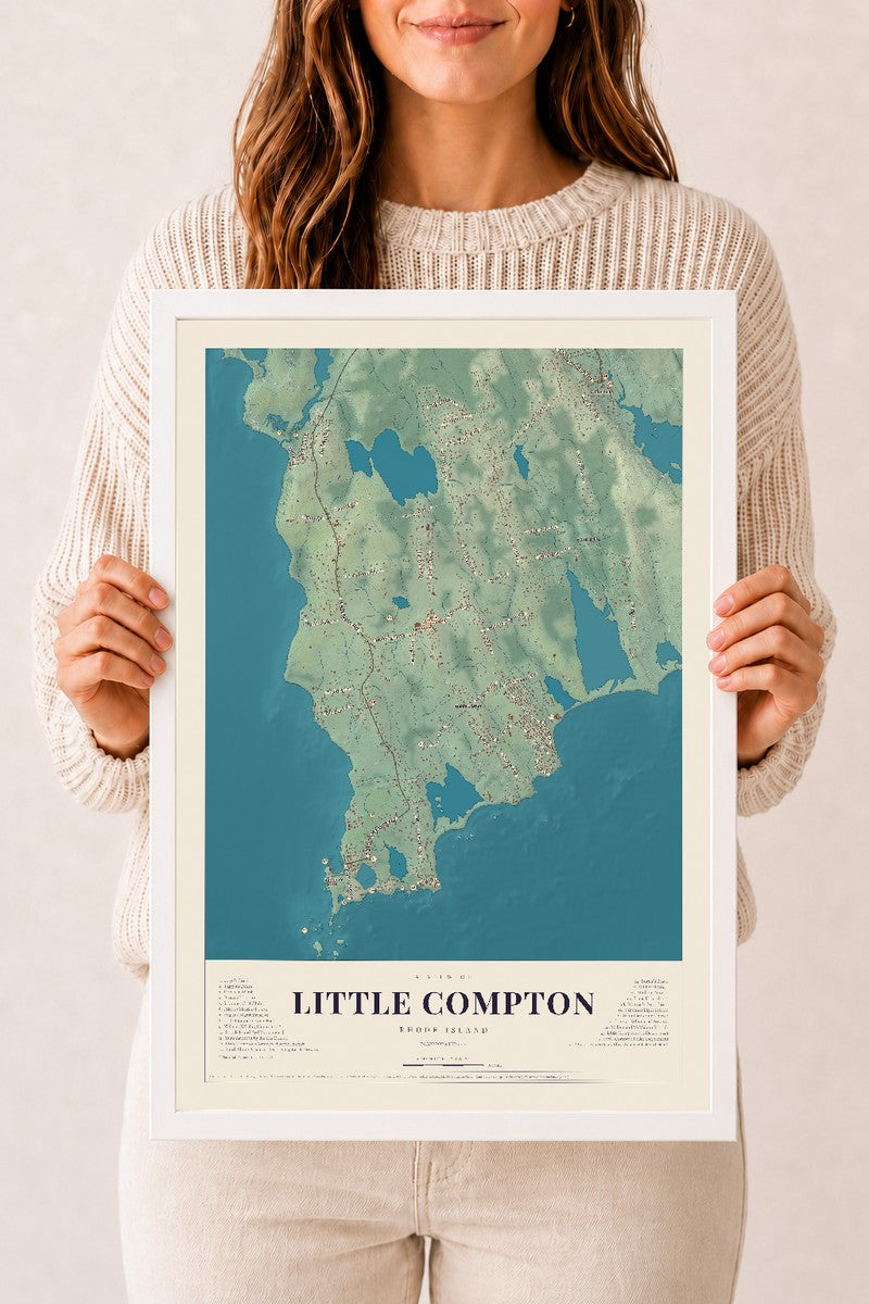 Little Compton, Rhode Island map print, 12" x 18" W/ White Ayous Wood Frame mockup