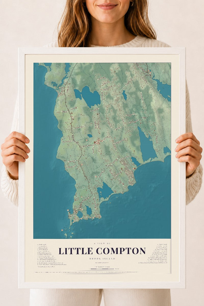 Little Compton, Rhode Island map print, 18" x 24" W/ White Ayous Wood Frame mockup