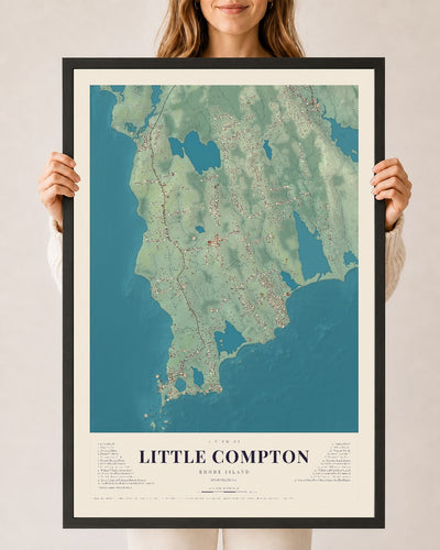 Little Compton, Rhode Island map print, 24" x 36" W/ Black Ayous Wood Frame mockup