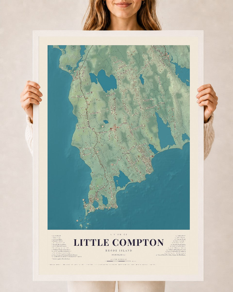 Little Compton, Rhode Island map print, 24" x 36" W/ White Ayous Wood Frame mockup