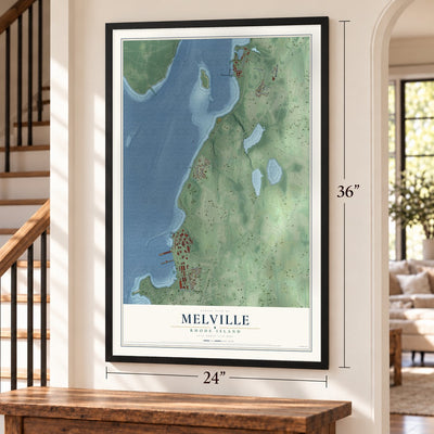 Melville, Rhode Island map, 24 x 36 inch print in a black frame by a staircase