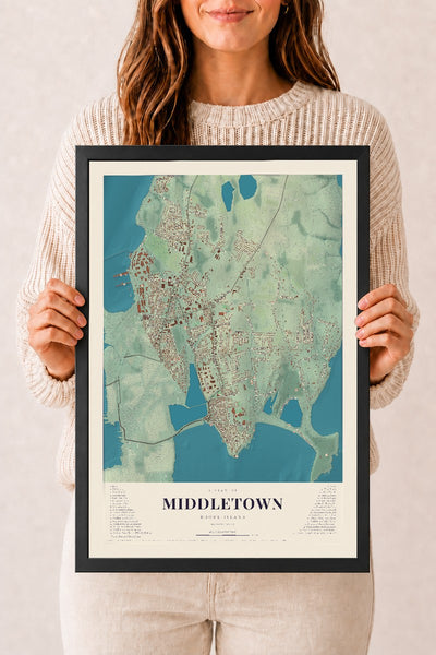 Middletown, Rhode Island map print, 12" x 18" W/ Black Ayous Wood Frame mockup