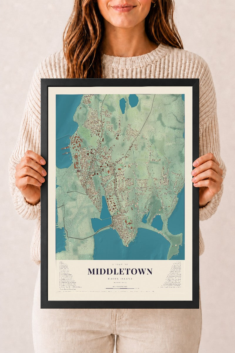 Middletown, Rhode Island map print, 12" x 18" W/ Black Ayous Wood Frame mockup