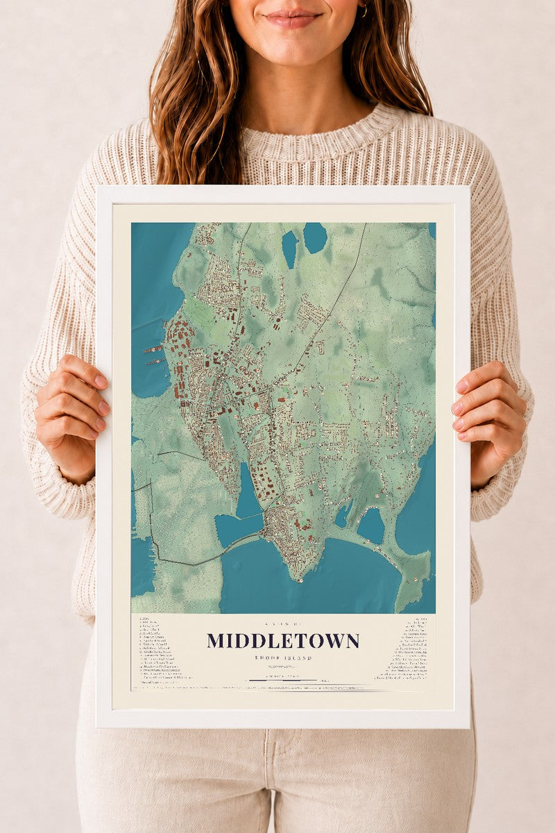 Middletown, Rhode Island map print, 12" x 18" W/ White Ayous Wood Frame mockup
