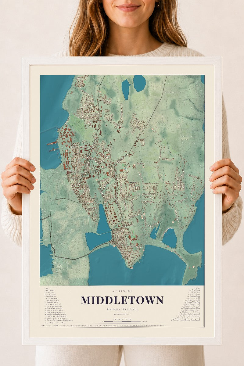 Middletown, Rhode Island map print, 18" x 24" W/ White Ayous Wood Frame mockup