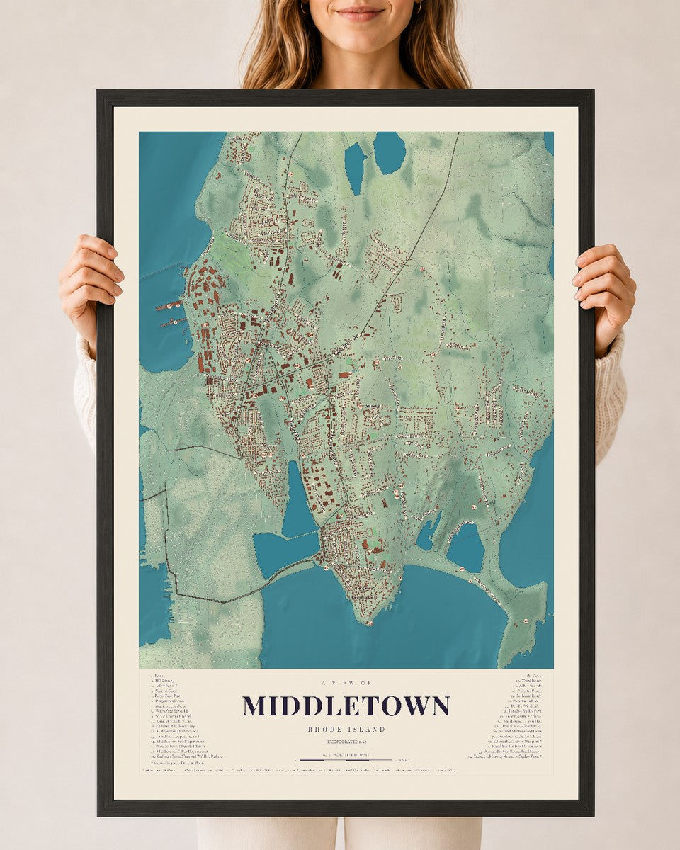 Middletown, Rhode Island map print, 24" x 36" W/ Black Ayous Wood Frame mockup