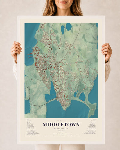 Middletown, Rhode Island map print, 24" x 36" W/ White Ayous Wood Frame mockup