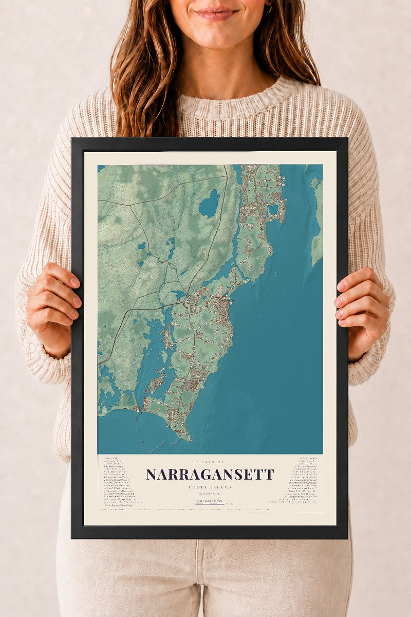 Narragansett, Rhode Island map print, 12" x 18" W/ Black Ayous Wood Frame mockup
