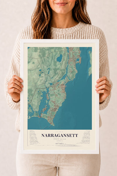 Narragansett, Rhode Island map print, 12" x 18" W/ White Ayous Wood Frame mockup