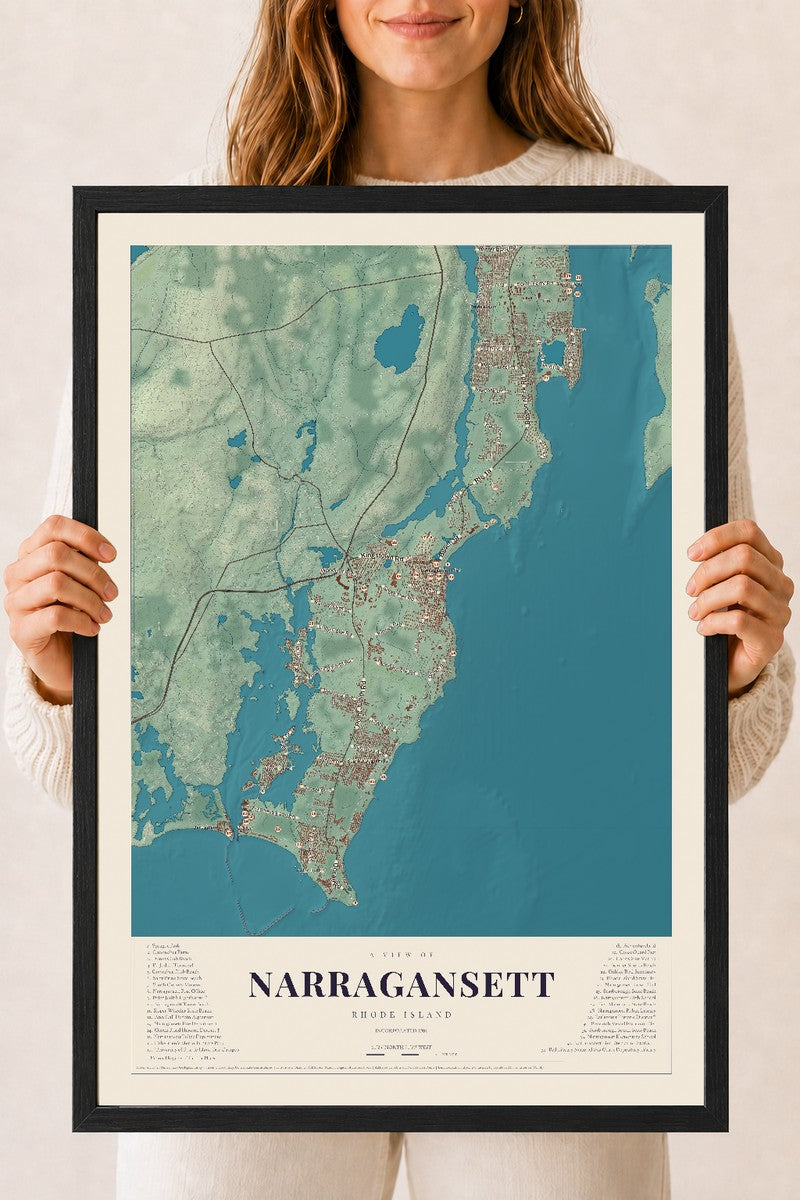 Narragansett, Rhode Island map print, 18" x 24" W/ Black Ayous Wood Frame mockup