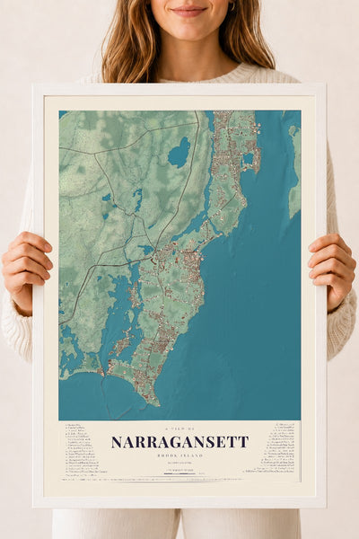 Narragansett, Rhode Island map print, 18" x 24" W/ White Ayous Wood Frame mockup