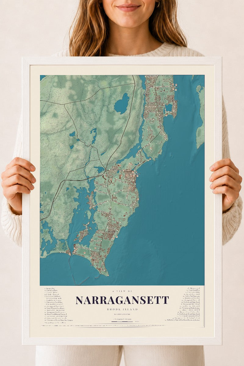 Narragansett, Rhode Island map print, 18" x 24" W/ White Ayous Wood Frame mockup