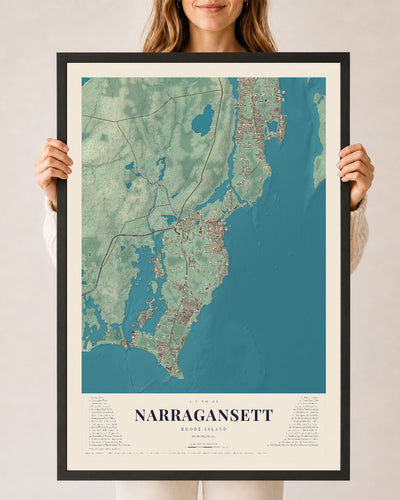 Narragansett, Rhode Island map print, 24" x 36" W/ Black Ayous Wood Frame mockup
