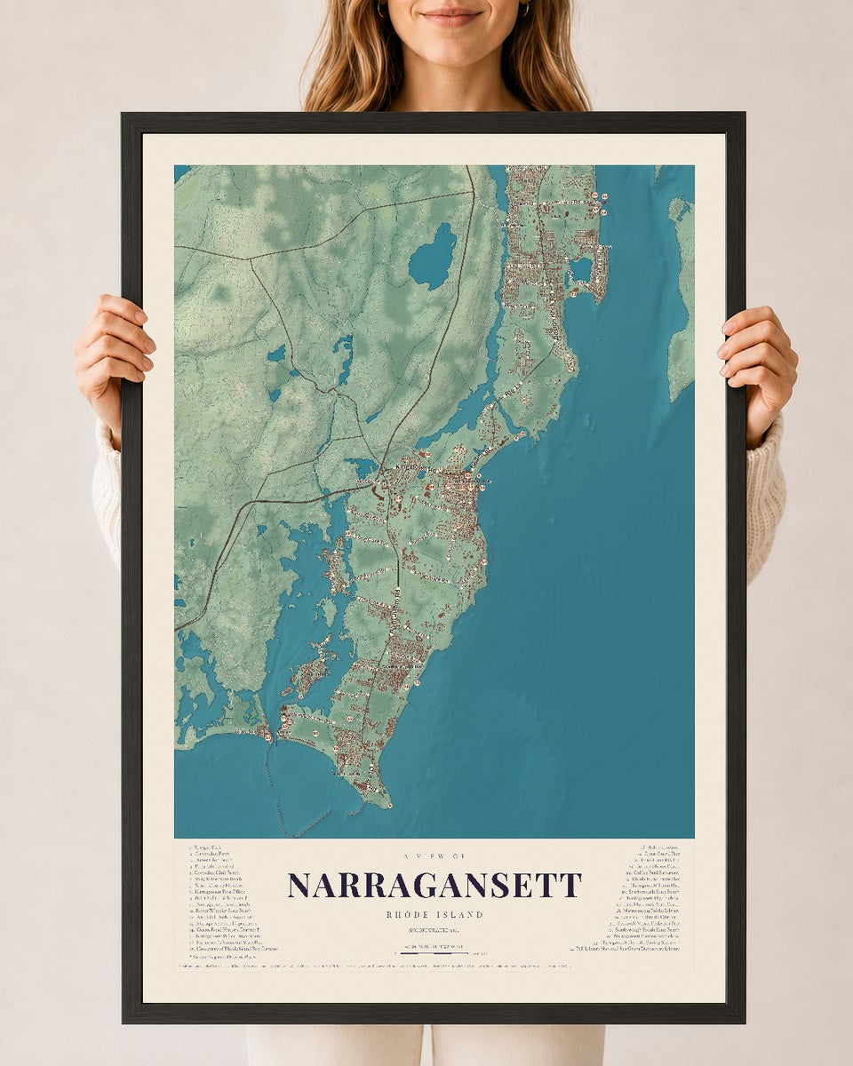 Narragansett, Rhode Island map print, 24" x 36" W/ Black Ayous Wood Frame mockup