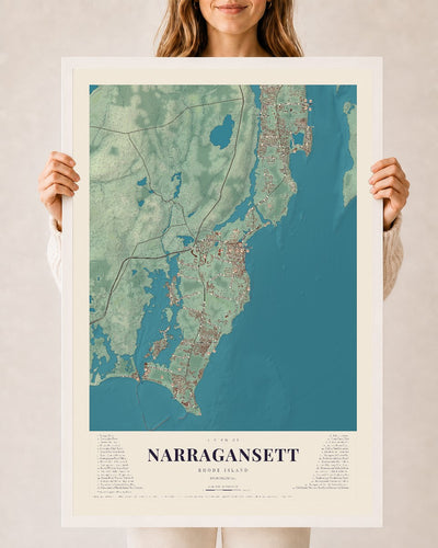 Narragansett, Rhode Island map print, 24" x 36" W/ White Ayous Wood Frame mockup