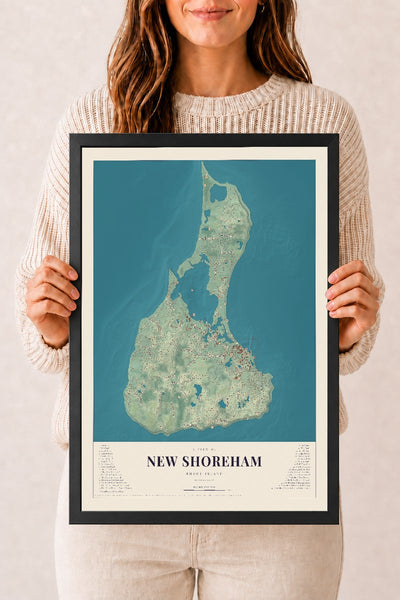 New Shoreham, Rhode Island map print, 12" x 18" W/ Black Ayous Wood Frame mockup