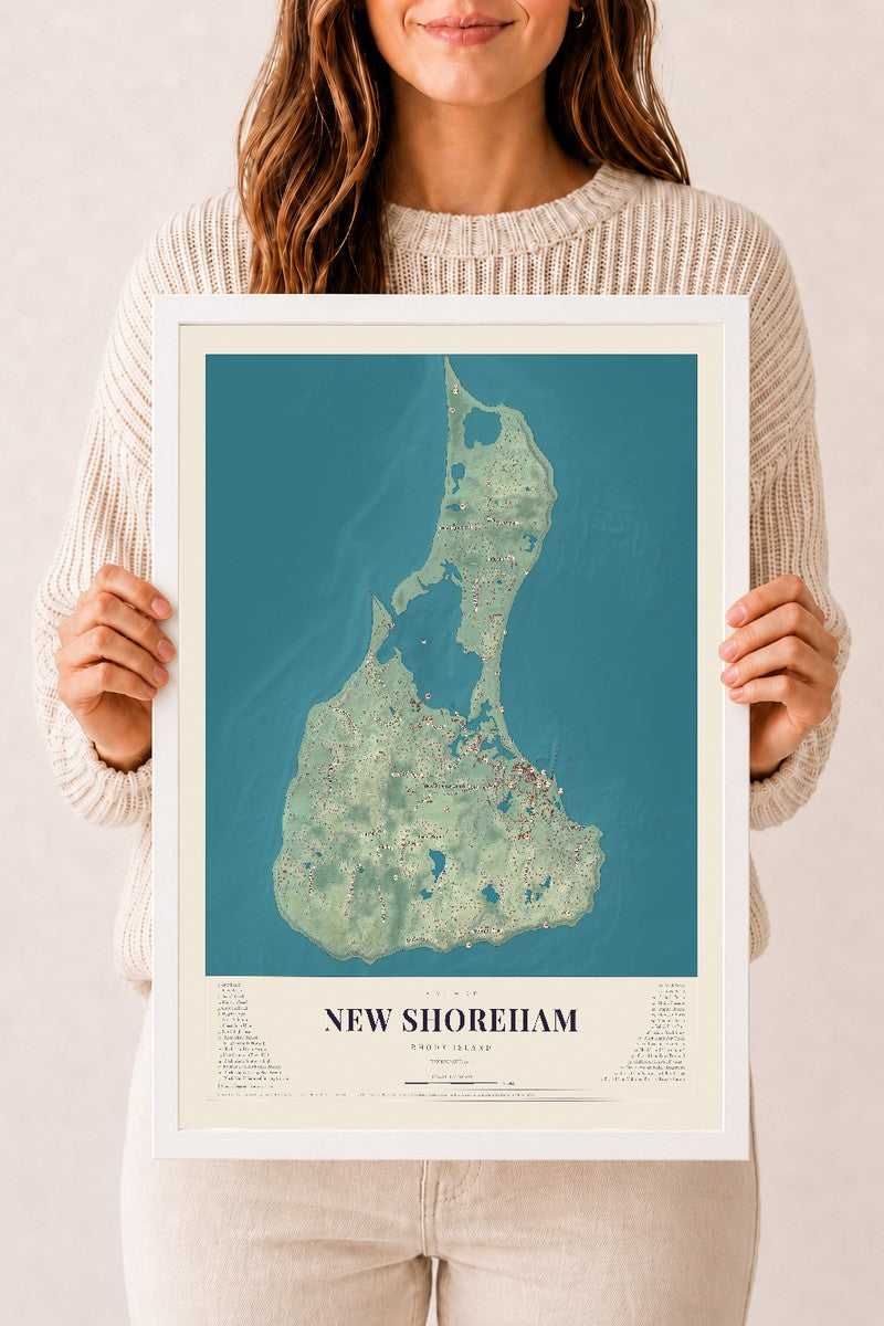 New Shoreham, Rhode Island map print, 12" x 18" W/ White Ayous Wood Frame mockup