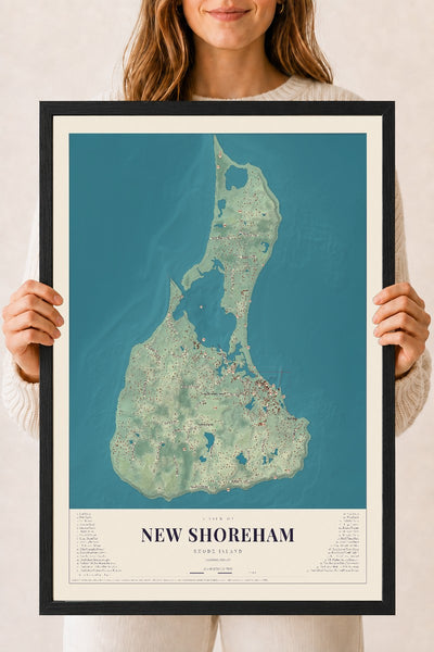 New Shoreham, Rhode Island map print, 18" x 24" W/ Black Ayous Wood Frame mockup
