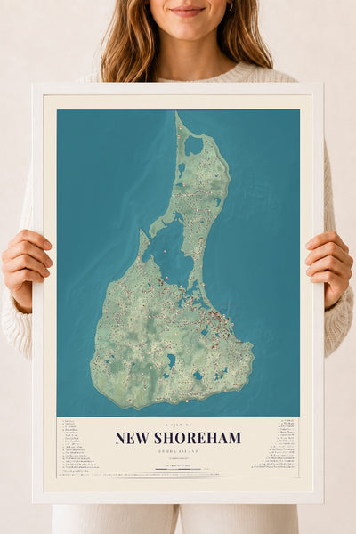 New Shoreham, Rhode Island map print, 18" x 24" W/ White Ayous Wood Frame mockup