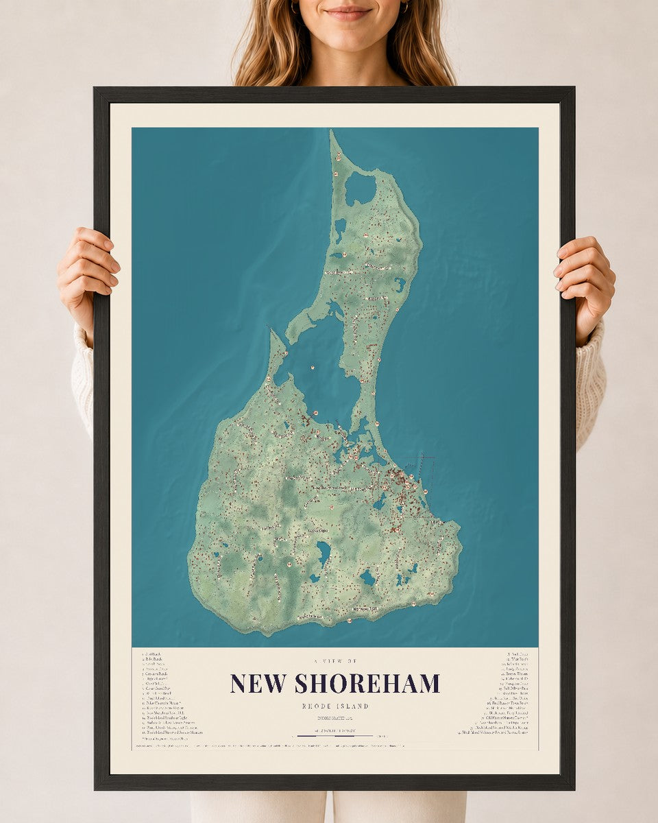 New Shoreham, Rhode Island map print, 24" x 36" W/ Black Ayous Wood Frame mockup