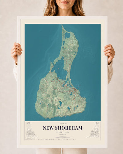 New Shoreham, Rhode Island map print, 24" x 36" W/ White Ayous Wood Frame mockup