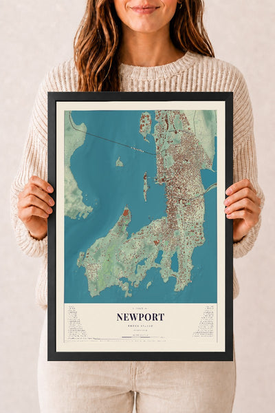 Newport, Rhode Island map print, 12" x 18" W/ Black Ayous Wood Frame mockup