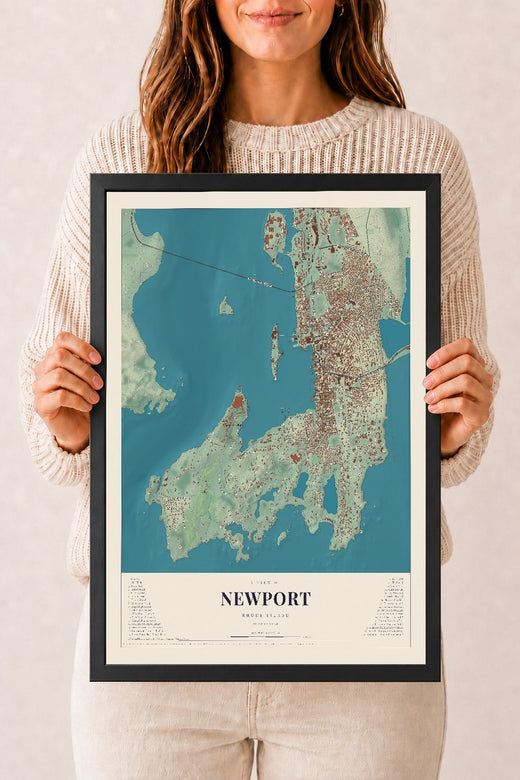 Map of Newport, Rhode Island, 12 x 18 inch print in a black wood frame