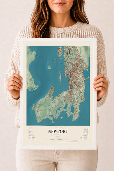 Newport, Rhode Island map print, 12" x 18" W/ White Ayous Wood Frame mockup