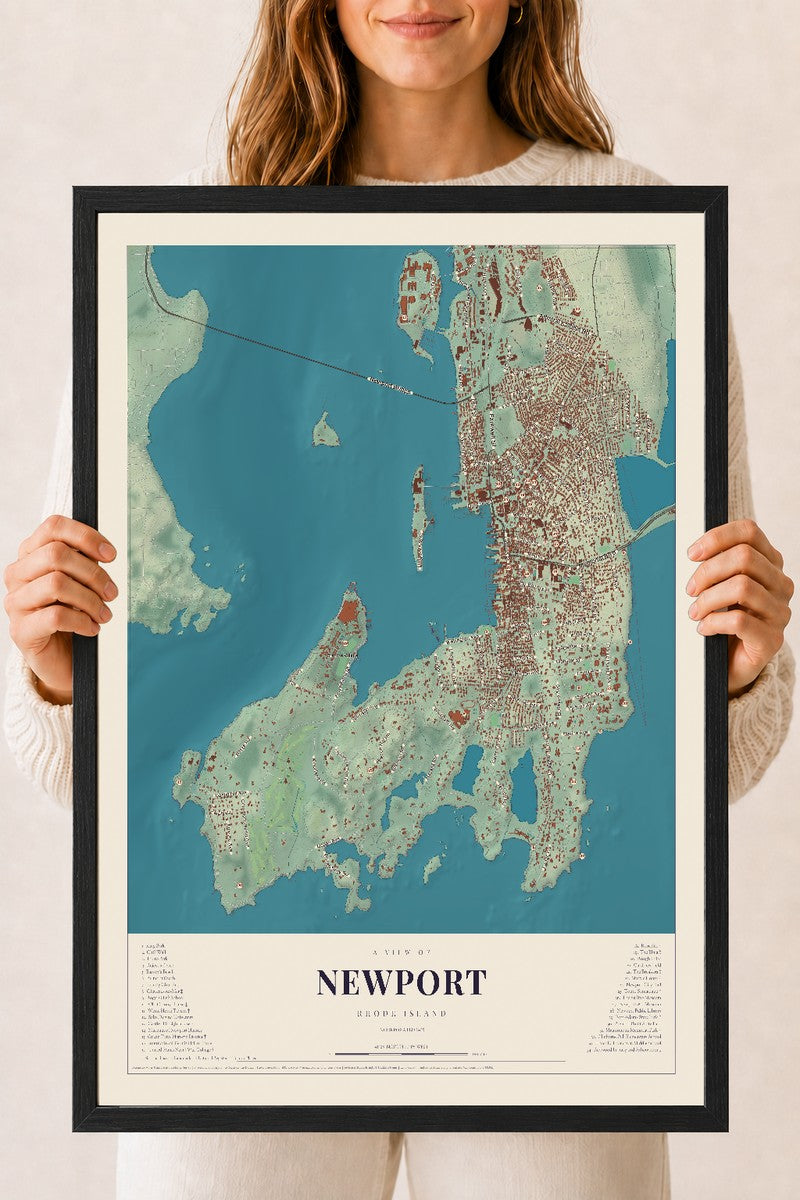 Newport, Rhode Island map print, 18" x 24" W/ Black Ayous Wood Frame mockup
