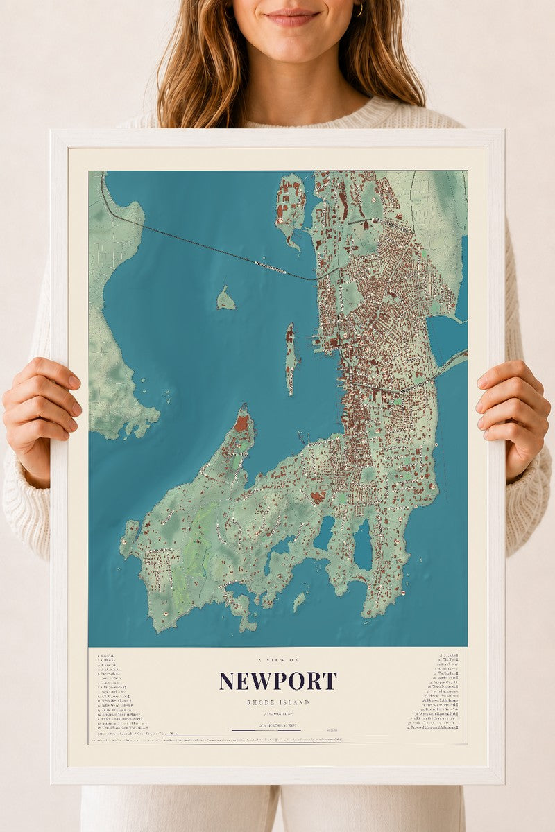 Newport, Rhode Island map print, 18" x 24" W/ White Ayous Wood Frame mockup