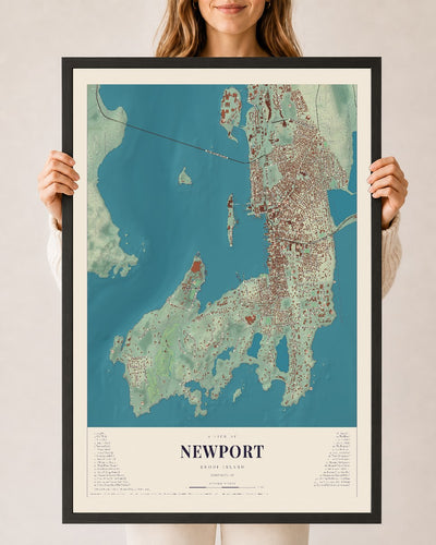 Newport, Rhode Island map print, 24" x 36" W/ Black Ayous Wood Frame mockup
