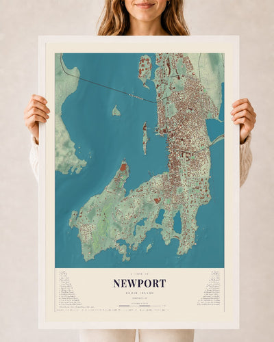 Newport, Rhode Island map print, 24" x 36" W/ White Ayous Wood Frame mockup