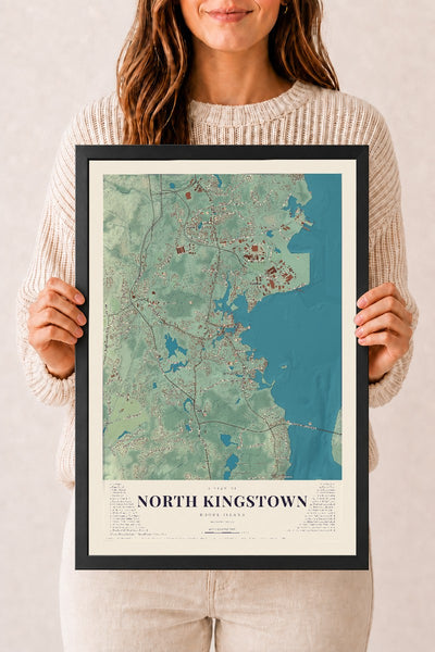 North Kingstown, Rhode Island map print, 12" x 18" W/ Black Ayous Wood Frame mockup