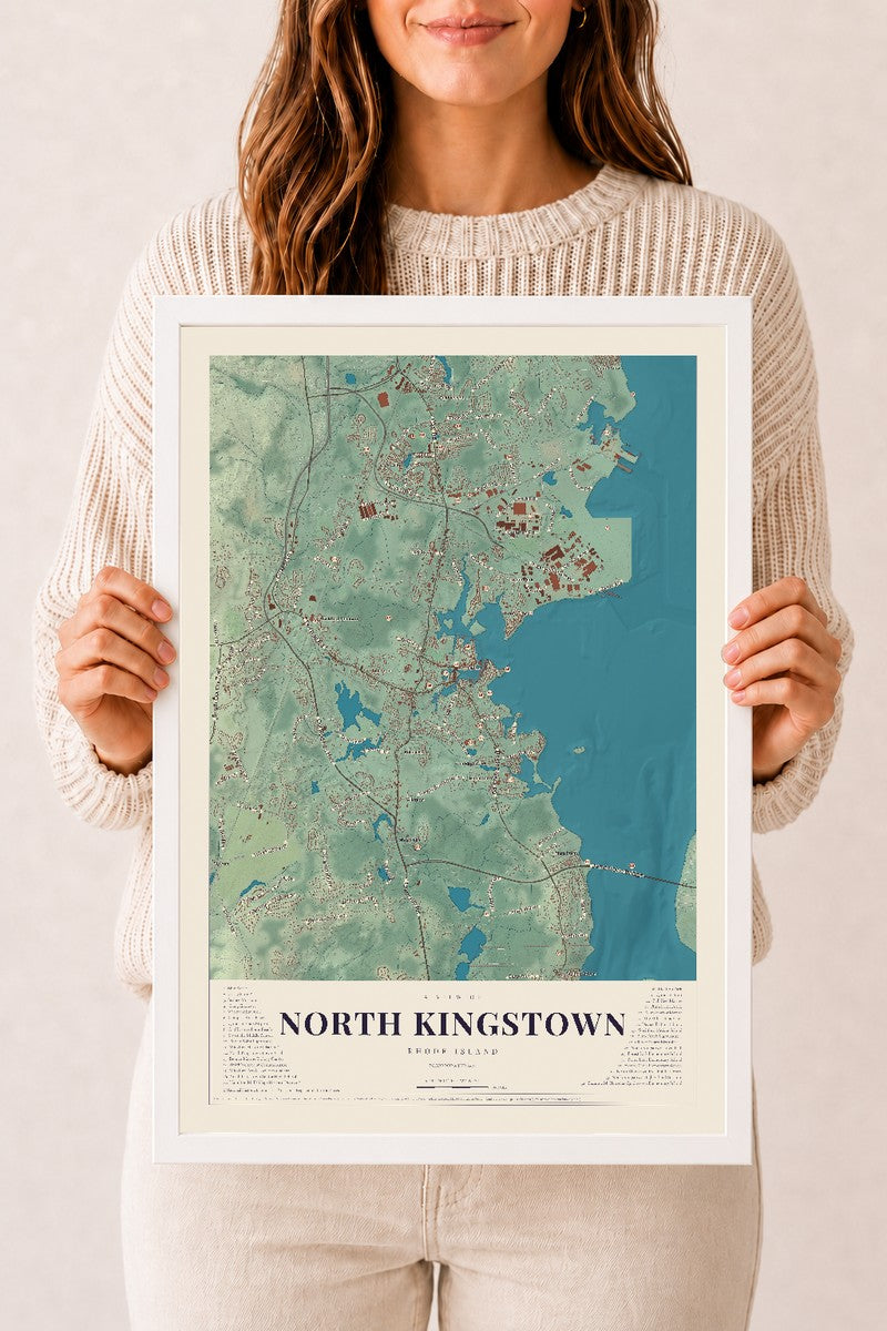 North Kingstown, Rhode Island map print, 12" x 18" W/ White Ayous Wood Frame mockup