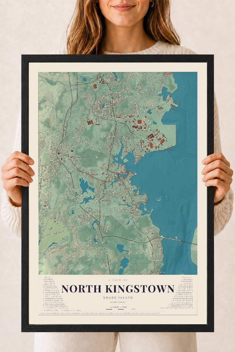 North Kingstown, Rhode Island map print, 18" x 24" W/ Black Ayous Wood Frame mockup