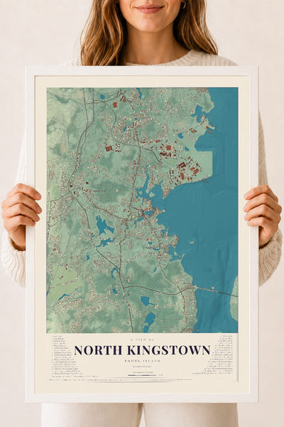 North Kingstown, Rhode Island map print, 18" x 24" W/ White Ayous Wood Frame mockup