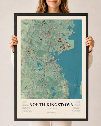 North Kingstown, Rhode Island map print, 24" x 36" W/ Black Ayous Wood Frame mockup