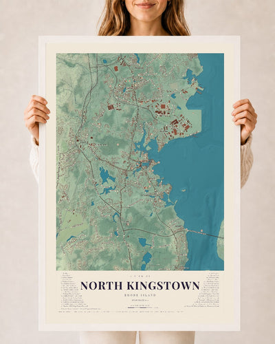 North Kingstown, Rhode Island map print, 24" x 36" W/ White Ayous Wood Frame mockup