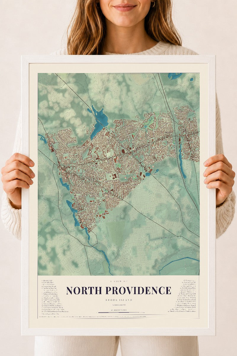 North Providence, Rhode Island map print, 18" x 24" W/ White Ayous Wood Frame mockup