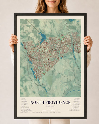 North Providence, Rhode Island map print, 24" x 36" W/ Black Ayous Wood Frame mockup