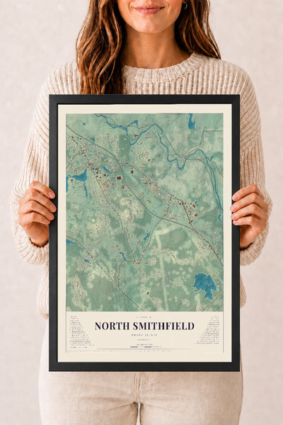 North Smithfield, Rhode Island map print, 12" x 18" W/ Black Ayous Wood Frame mockup