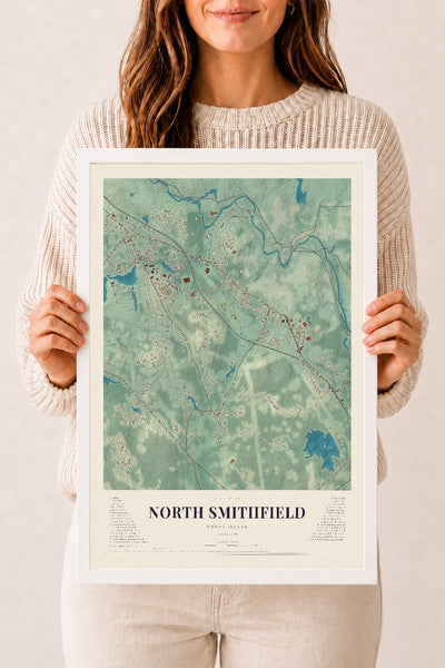 North Smithfield, Rhode Island map print, 12" x 18" W/ White Ayous Wood Frame mockup