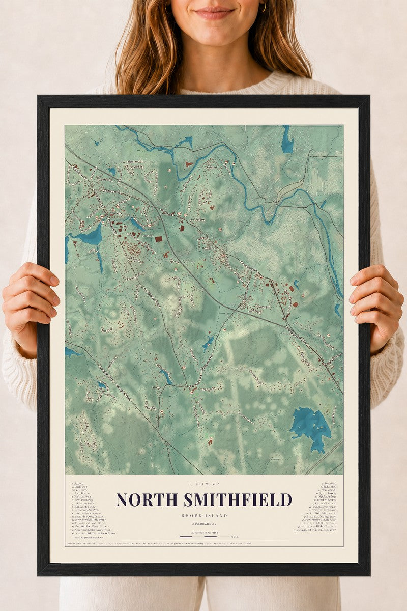 North Smithfield, Rhode Island map print, 18" x 24" W/ Black Ayous Wood Frame mockup