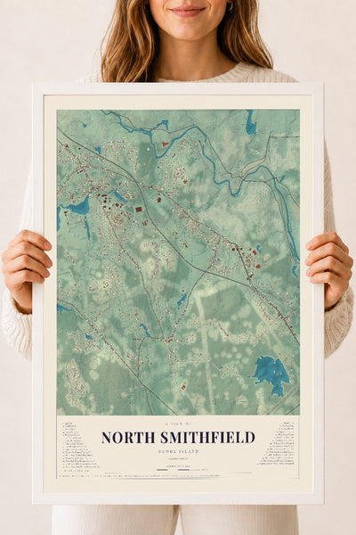 North Smithfield, Rhode Island map print, 18" x 24" W/ White Ayous Wood Frame mockup